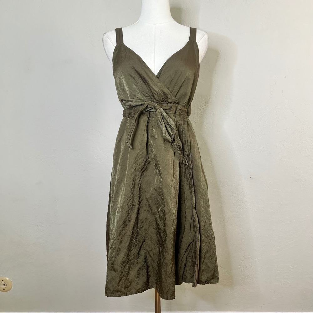 Eileen Fisher Dress Faux Wrap Midi Womens Size 4P Olive Green Metallic Textured